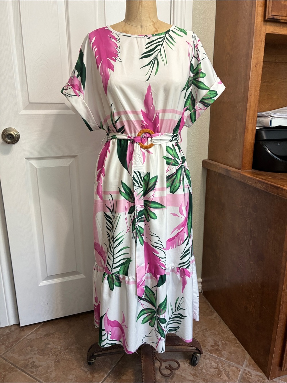 SHEIN White Maxi Dress with Pink Floral & Green Leaf Print
